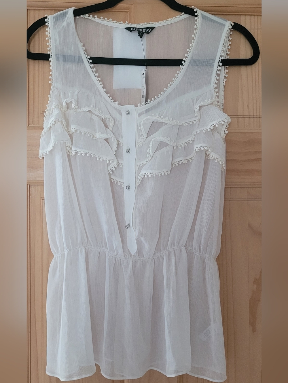 Express White Sheer Ruffle Button-Front Sleeveless Blouse